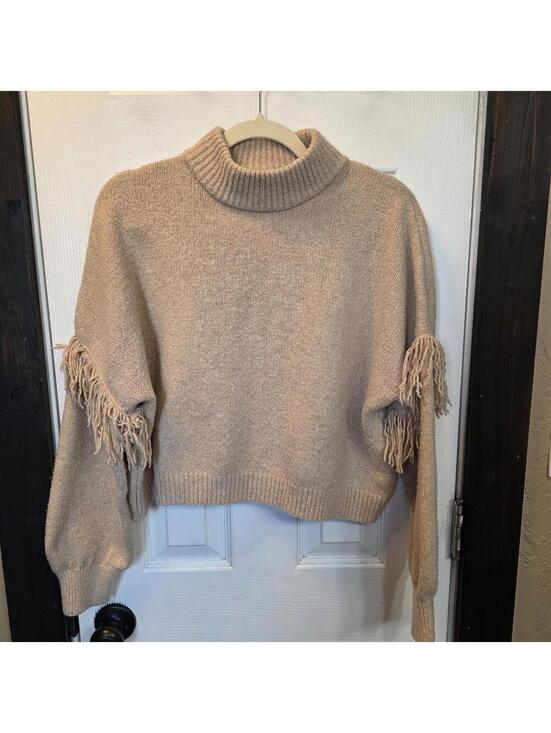 Happily Grey Sweaters - Happily Grey Women's Tan Turtleneck Cropped Sweater w/ Fringe Detail- size Large